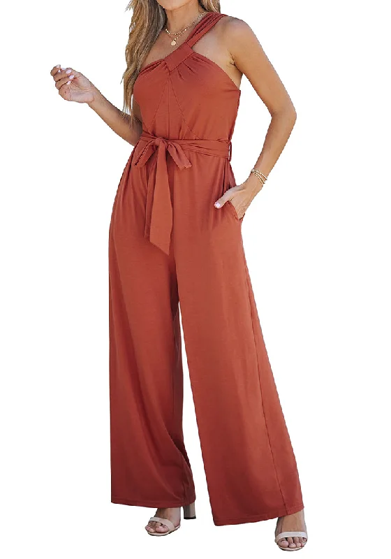 Women's Jumpsuits with Shirt CollarRust Comfy Sleeveless Belted Jumpsuits & Long Rompers for Women