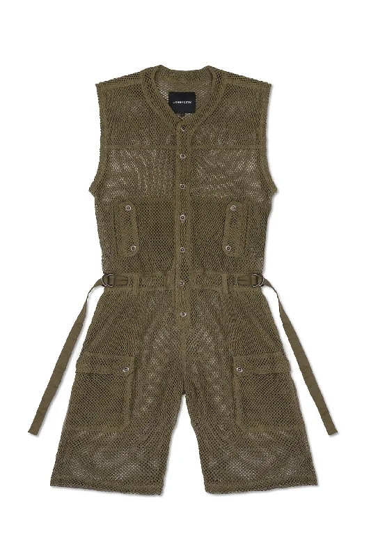 Women's Jumpsuits with U-Shaped NeckSLEEVELESS MESH JUMPSUIT IN ARMY GREEN