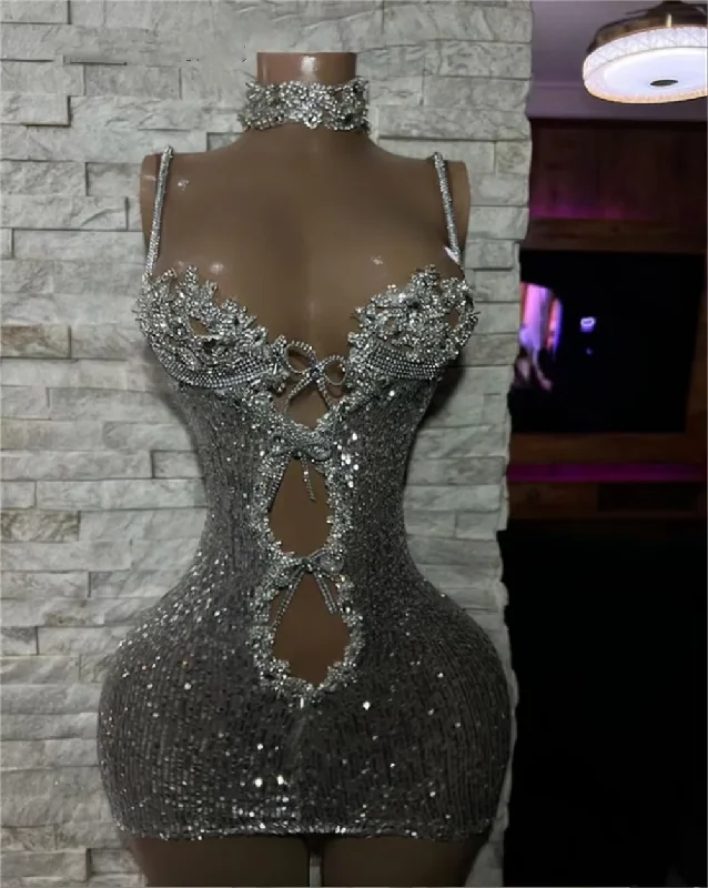 Women's Square-Neck DressesLuxury Silver Crystals Spaghetti Short Prom Dress African Glitter Sequin Mermaid Mini Cocktail Party Gown See Thru robe de bal