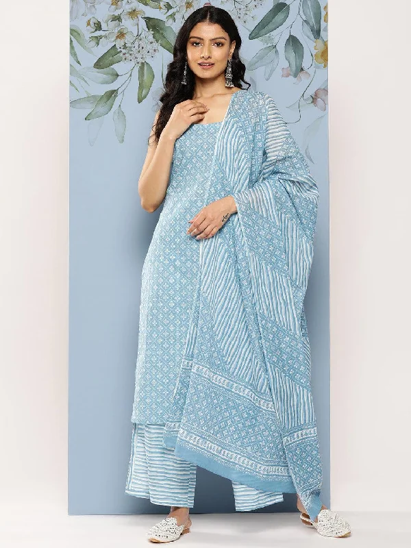 Women's JumpsuitsBlue Printed Cotton Straight Kurta With Palazzos & Dupatta