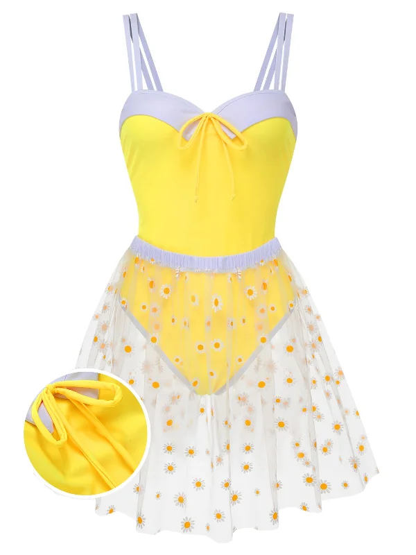 Yellow 1950s Suspender Swimsuit & Daisy Cover-Up