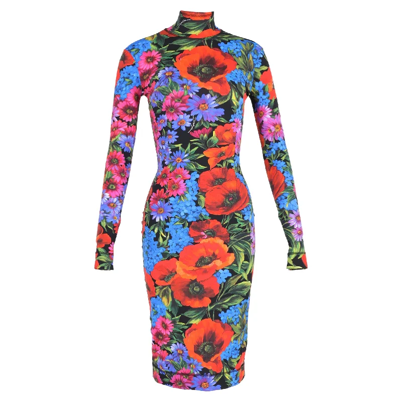 Women's Long-Sleeve DressesDolce & Gabbana Floral Print Turtleneck Bodycon Dress in Multicolor Polyamide