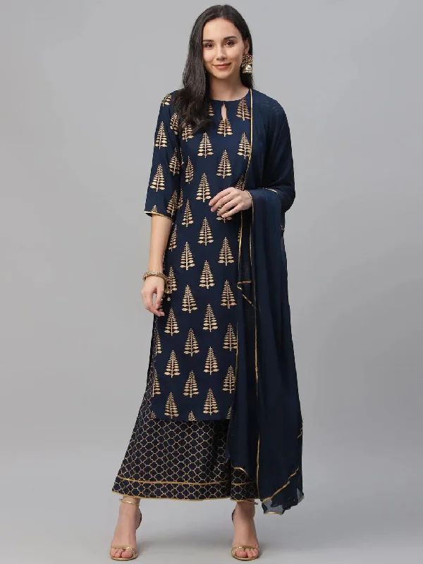 Women's Jumpsuits with Low CollarBlue Printed Rayon Straight Kurta With Palazzos & Dupatta