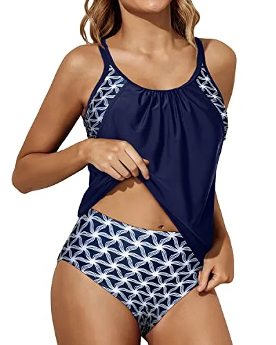 Athletic Tummy Control Bathing Suit Tankini Swimsuits For Women-Blue And White Stars