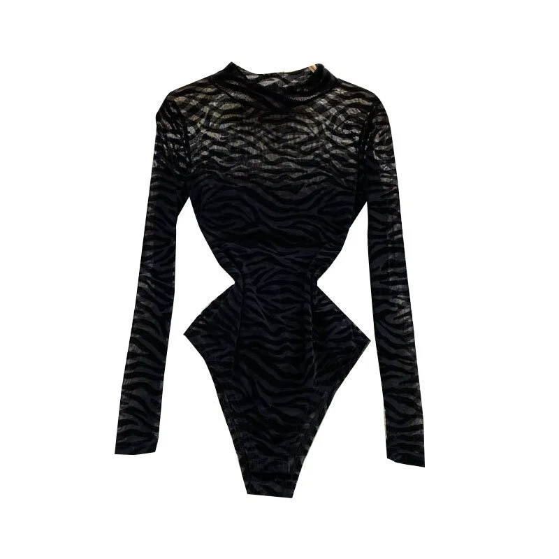 open-bust corset shapewear with lace appliquéBlack Mesh Long-Sleeved One-Piece Bodysuit