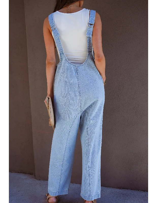 Women's Jumpsuits with Square NeckIce Blue Women's Casual Denim Low Scoop Neckline Jumpsuits With Adjustable Shoulder Pocket Cropped Overalls