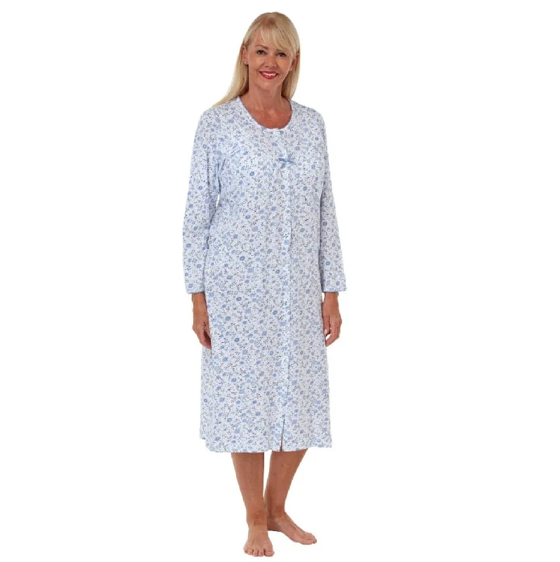 women's pajamas with a cozy, warm feel100% Jersey Cotton Button Through Long Sleeve Daydreamer  Nightdress - Denim - 24/26