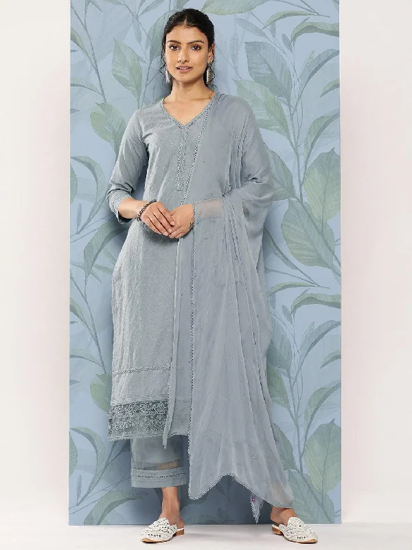 Women's Short-Sleeve JumpsuitsGrey Embroidered Cotton Straight Kurta With Trousers & Dupatta