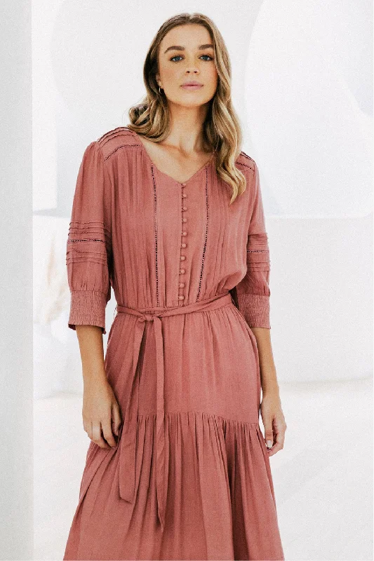 Women's Notched Collar DressesThea Clay Button Up Tiered Midi Dress