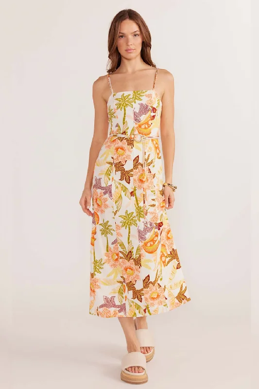 Women's Cut-Out DressesSarai Cream Tropical Belted Linen Midi Dress