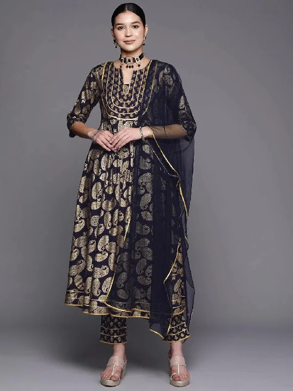 Women's Jumpsuits with Shirt CollarBlue Printed Rayon Anarkali Kurta With Trousers & Dupatta