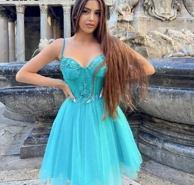 Women's Sheath DressesSexy Short Mini Party Dresses Sweetheart Blue Spaghetti Straps Appliques Lace Homecoming Skirt Princess Prom Dress Summer