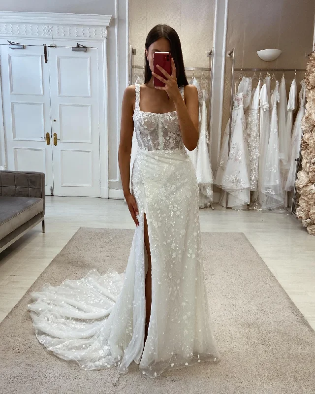 Women's Collarless DressesGlitter Lace Mermaid Wedding Dresses Square Collar Bodycon Sparkly Flowers Bridal Gowns Side Slit Backless Party Gowns