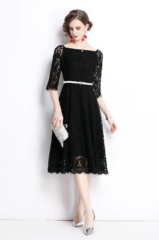 Women's Wide Collar DressesBlack Evening A-line Boatneck Elbow Sleeve Below Knee Lace Elegant Dress