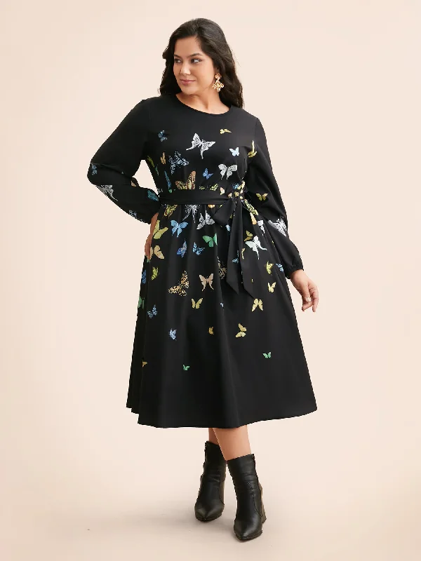 Women's Collarless DressesButterfly Print Crew Neck Belted Dress