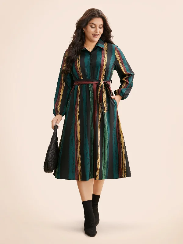 Women's Shirt Collar DressesColored Striped Belted Lantern Sleeve Dress