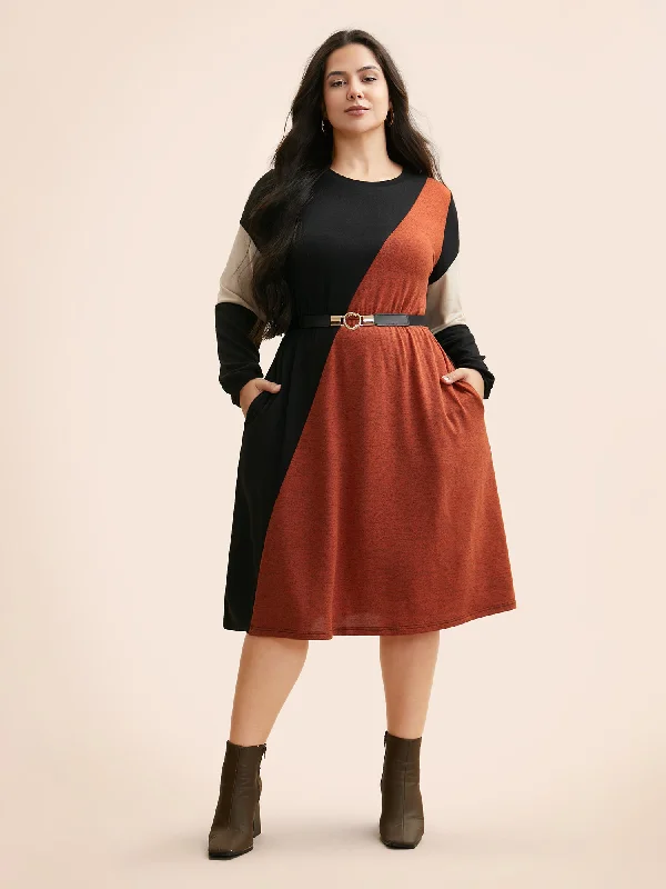 Women's Wrap DressesContrast Patchwork Lantern Sleeve Dress