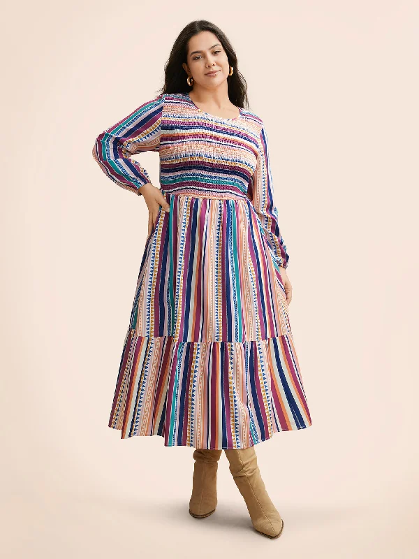 Women's Sweetheart-Neck DressesContrast Striped Shirred Ruffle Hem Dress