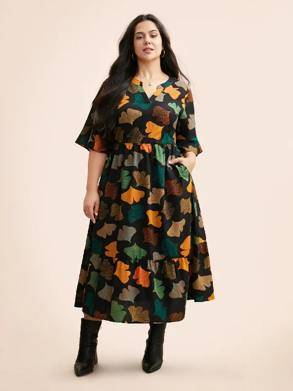 Women's Boat Collar DressesFloral Print Notched Ruffle Sleeve Dress