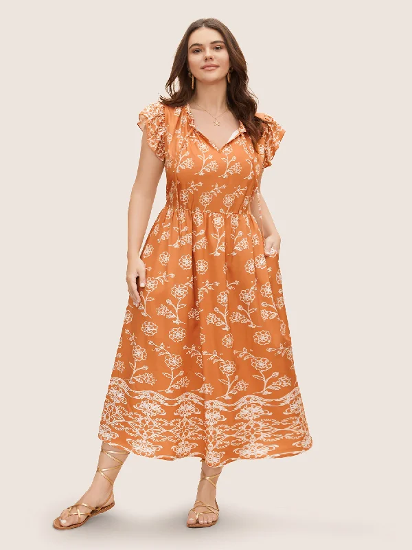 Women's Mandarin-Neck DressesFloral Tie Knot Ruffle Cap Sleeve Dress