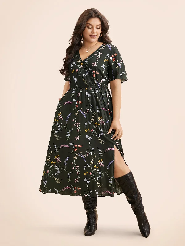 Women's Sweetheart-Back DressesFloral Wrap Ruffle Sleeve Dress