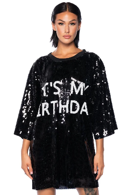 Women's One-Shoulder DressesITS MY BIRTHDAY SEQUIN TSHIRT DRESS