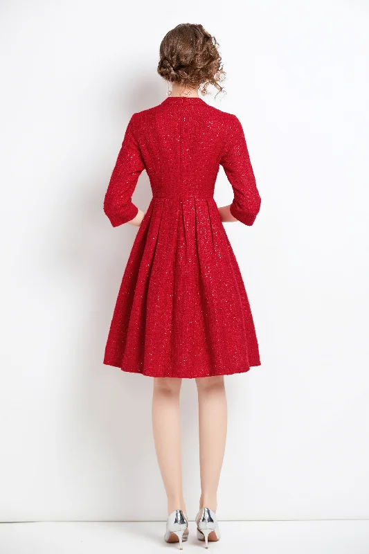 Women's Midi DressesRed Office Classic A-line Crewneck Elbow Sleeve Knee Dress