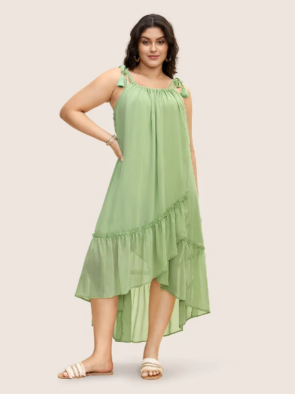 Women's Ruffled DressesSolid Ruffles Tie Knot Tassel Trim Mesh Dress