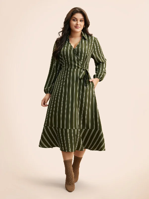 Women's Low Collar DressesStriped Tie Knot Lantern Sleeve Dress