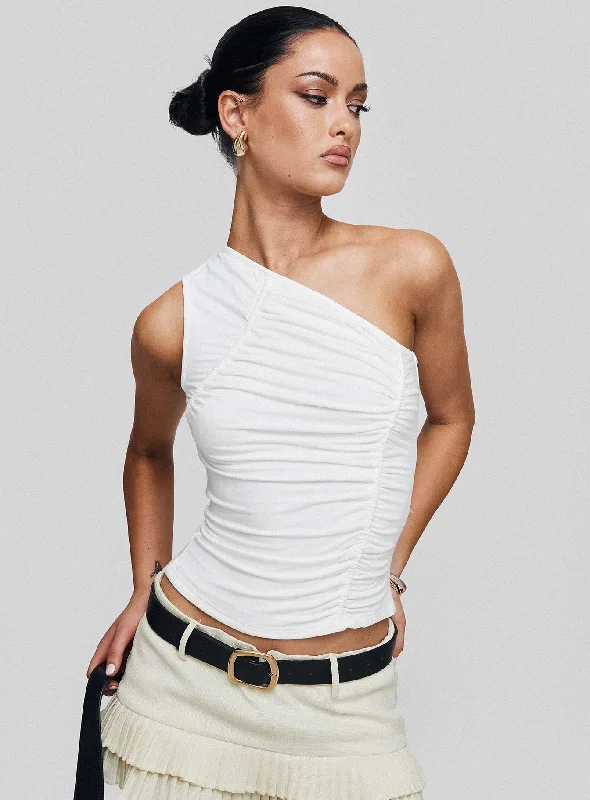 Women's Blouse with High CollarAlodia One Shoulder Ruched Top White