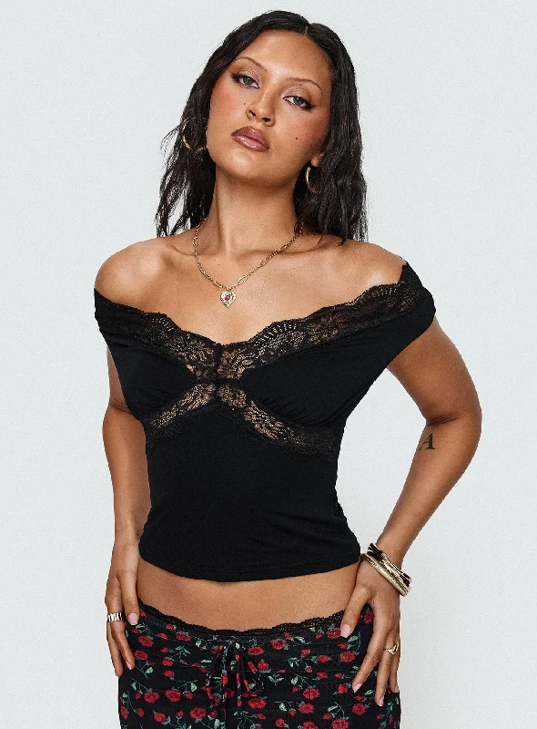 Women's Blouse with Narrow CollarAmarena Off The Shoulder Lace Top Black