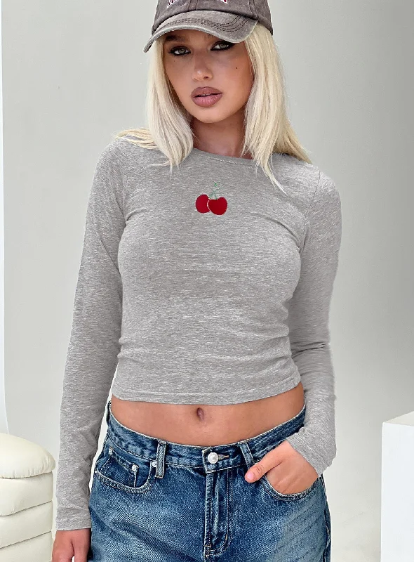 Women's Blouse with Mandarin CollarCherry Love Long Sleeve Top Grey