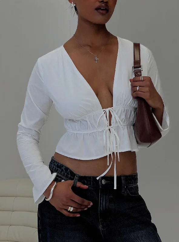 Women's Blouse with LaceDavist Long Sleeve Top White