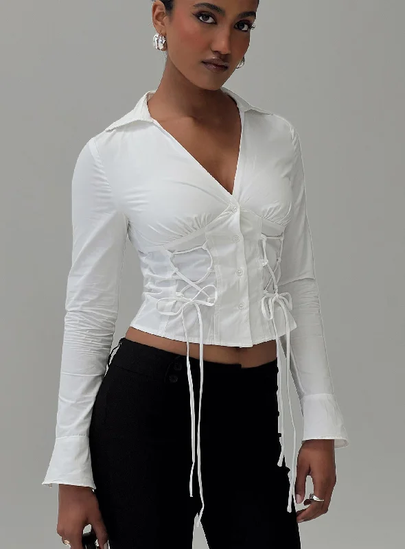 Women's High-Neck BlouseTied To You Long Sleeve Top White