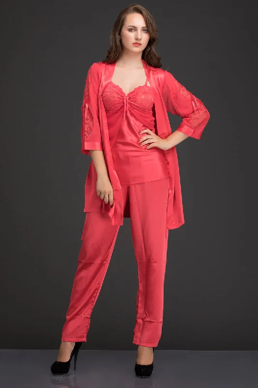 women's pajamas with pockets on the chestCoral Satin Night suit with Robe