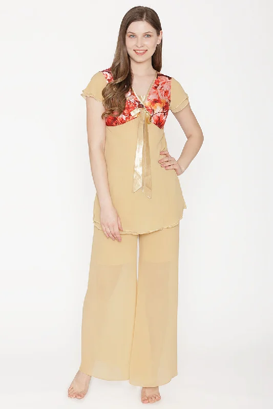 women's pajamas with a blend of comfort, style, and functionalityPrivate Lives Gold Chiffon Night suit