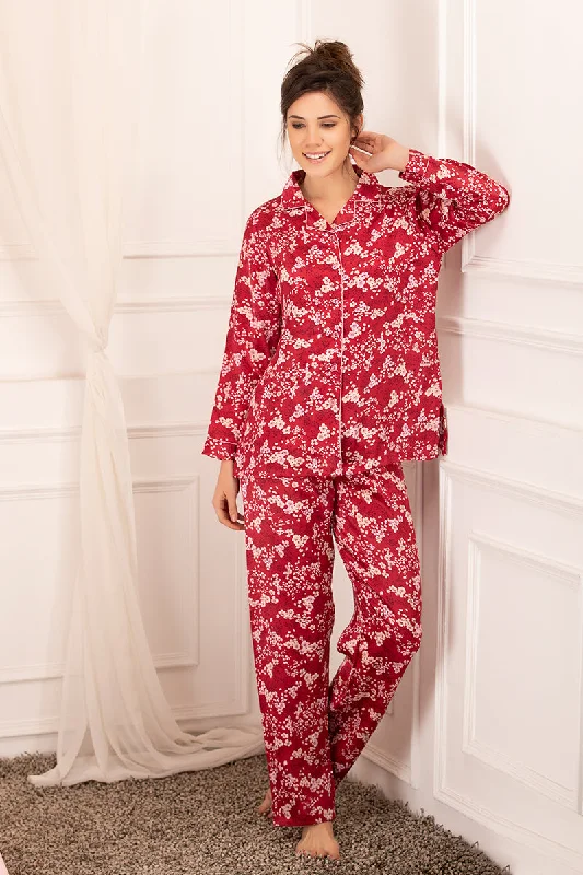 women's pajamas for cold weatherFloral print classic Collar Satin Night suit