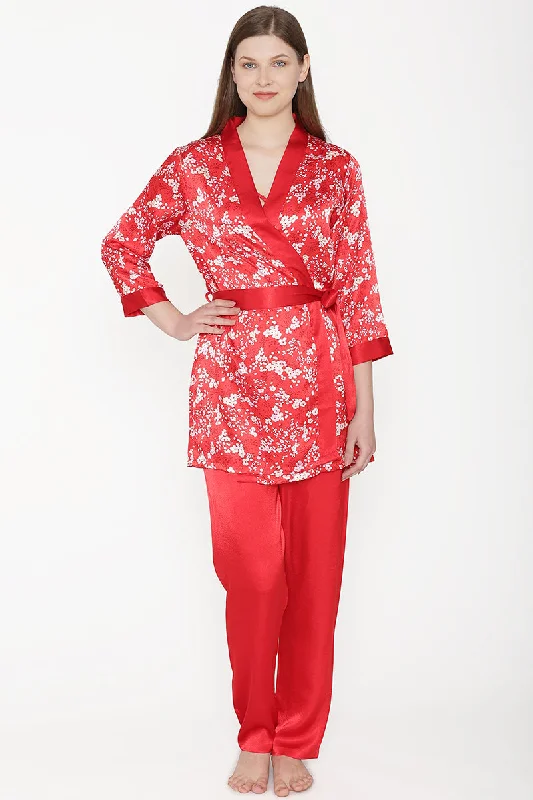 women's short sleeve pajama setsSatin Night suit with Floral Robe