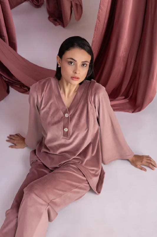 women's pajamas with pockets on legsSalmon Pink Velvet Lounger